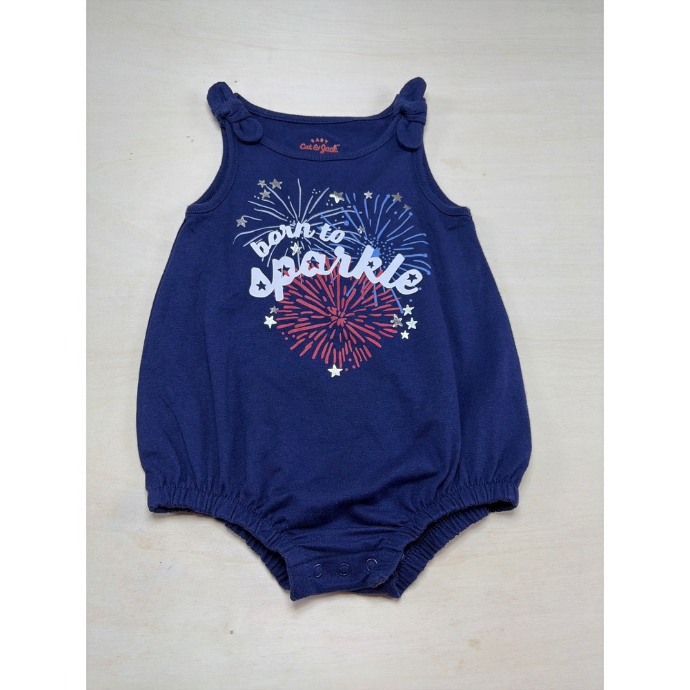 Cat & Jack Baby Navy Born to Sparkle Firework Romper Bodysuit 3M-6M 4th of July - Picture 2 of 4